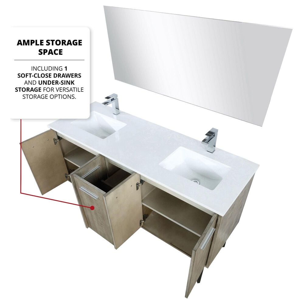 Lexora Home Lancy 60&quot; Double Bathroom Vanity in Rustic Acacia with 2 cm White Quartz Top and Rectangular Sinks, , large