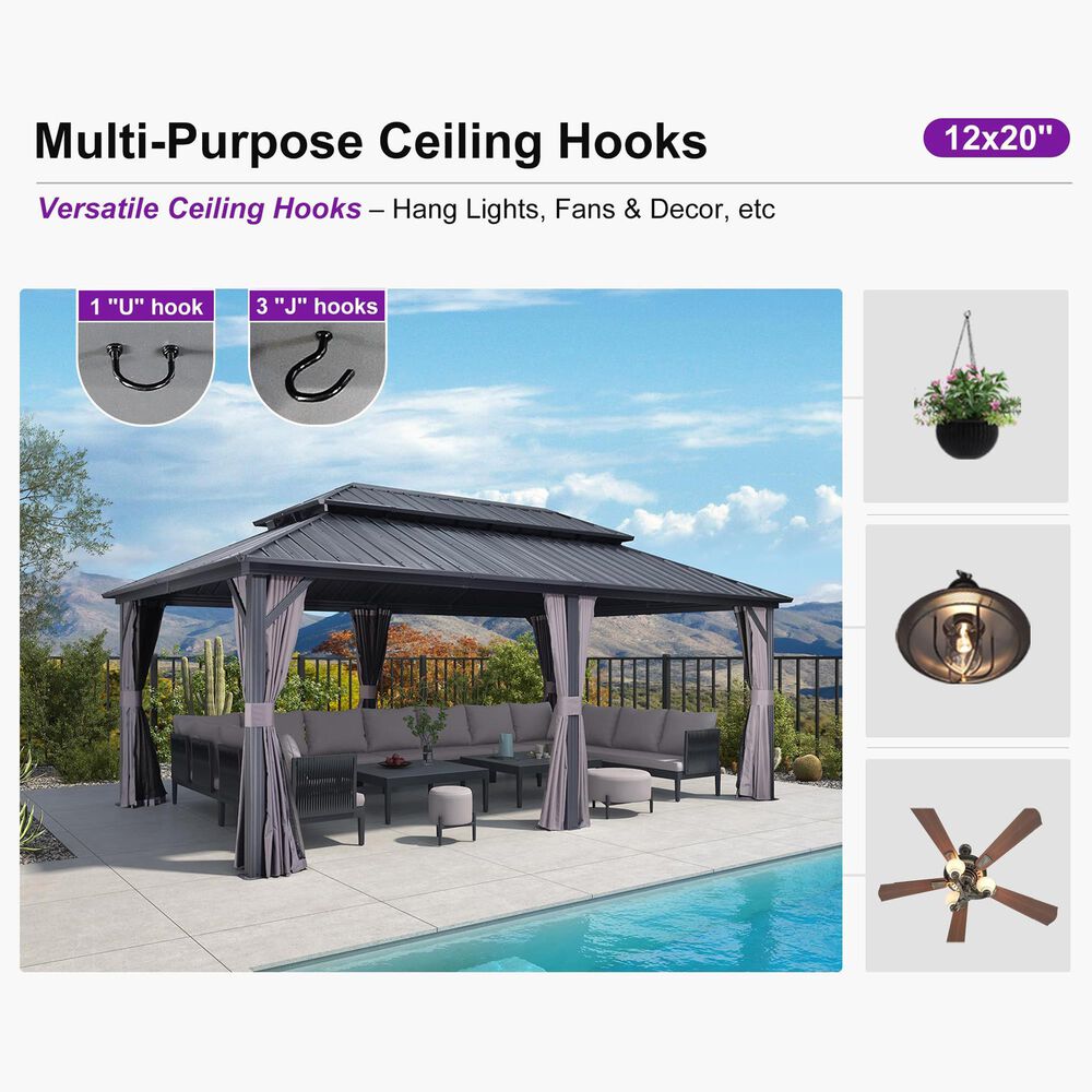 HOMLUX 12' x 20' Permanent Hardtop Gazebo with Double-Tier Roof in Gray, , large