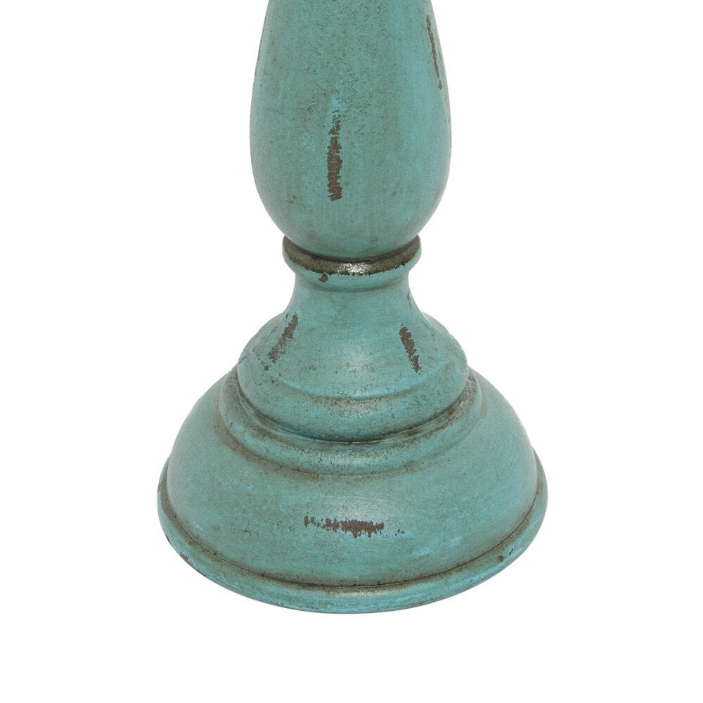 Maple and Jade Turned Pillar Decorative Candle Holder in Distressed Teal and Brown &#40;Set of 3&#41;, , large