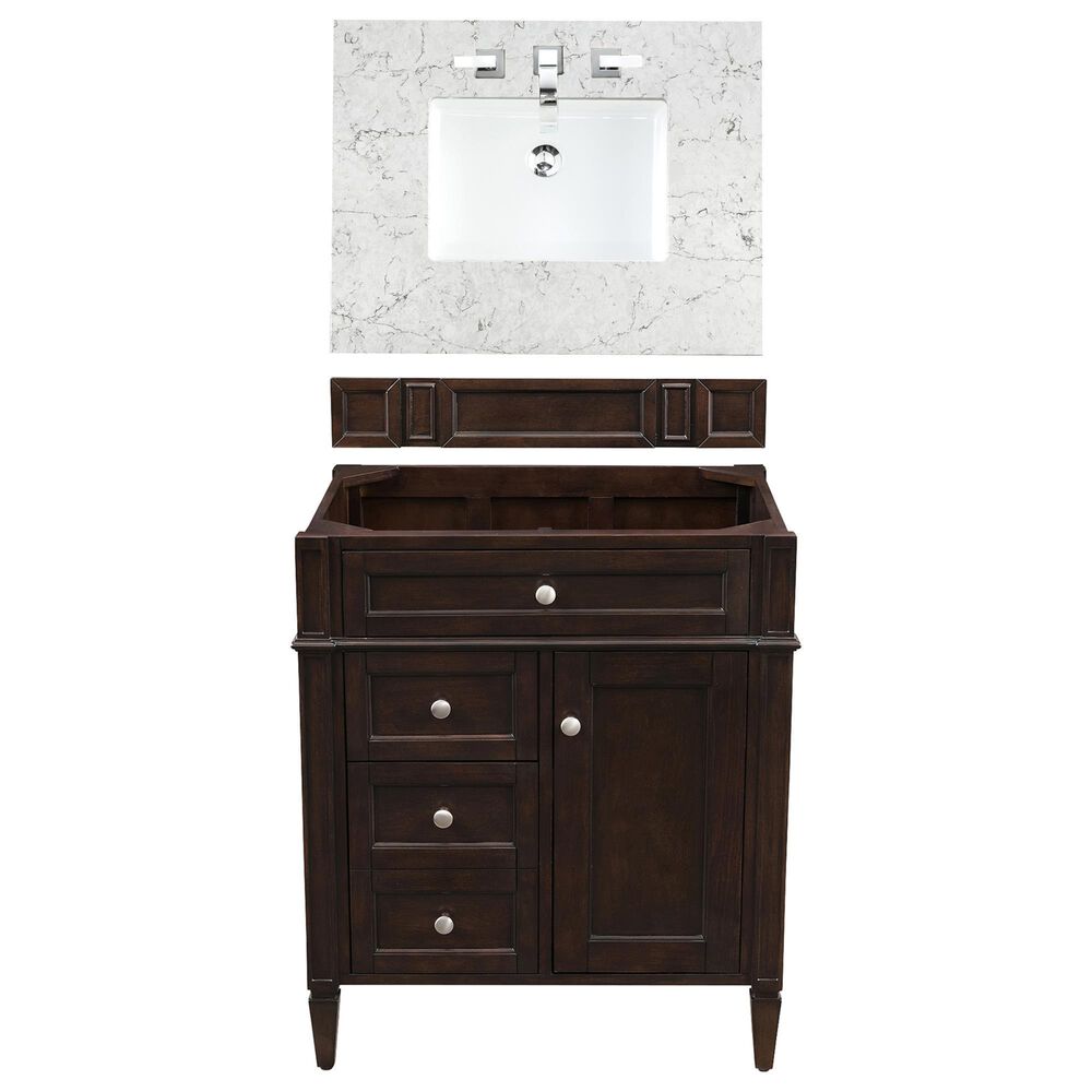James Martin Vanities Brittany 30" Single Bathroom Vanity in Burnished Mahogany with 3 cm Eternal Jasmine Pearl Quartz Top and Rectangle Sink, , large