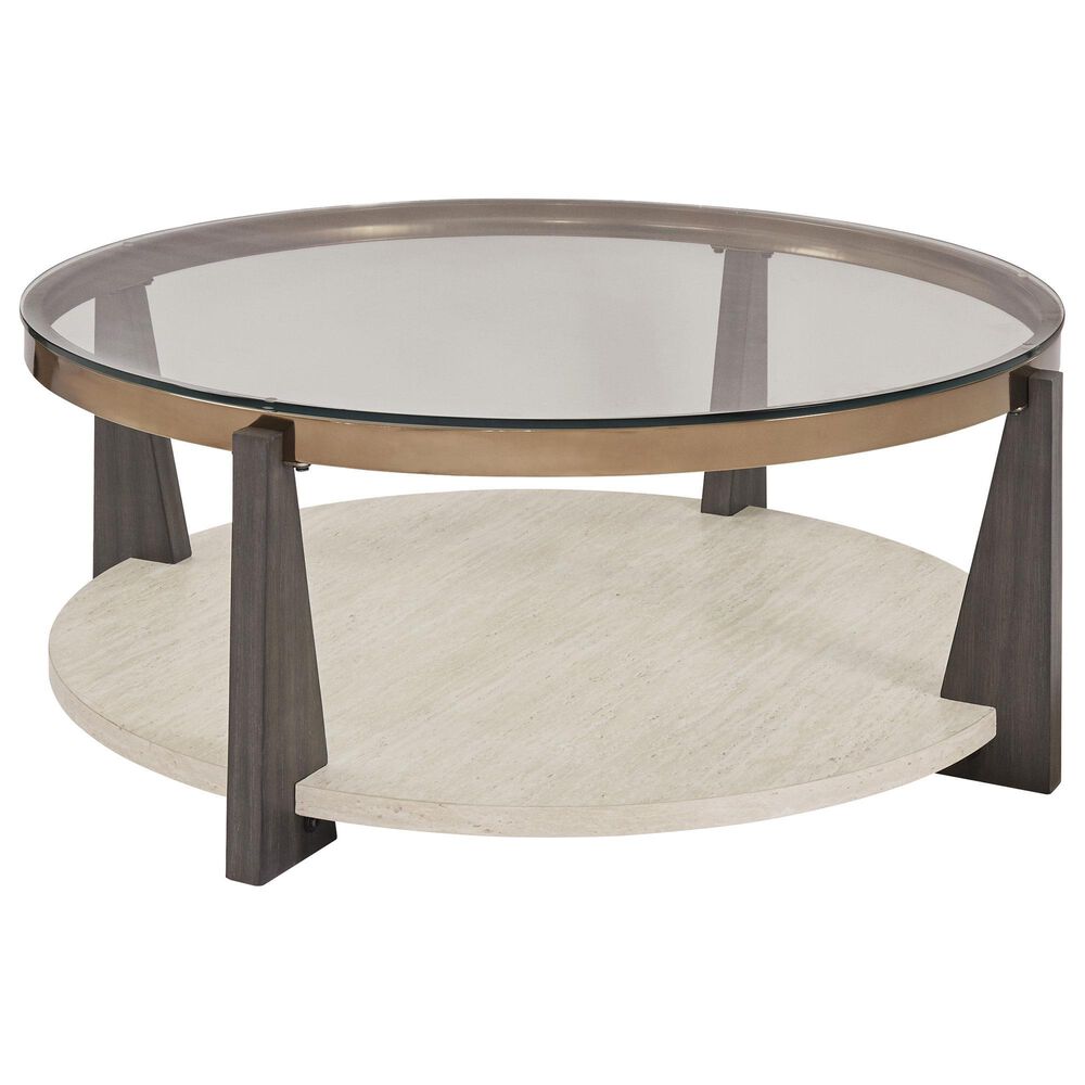 Ashley Frazwa Round Cocktail Table in Grayish Brown, Gold and Clear, , large