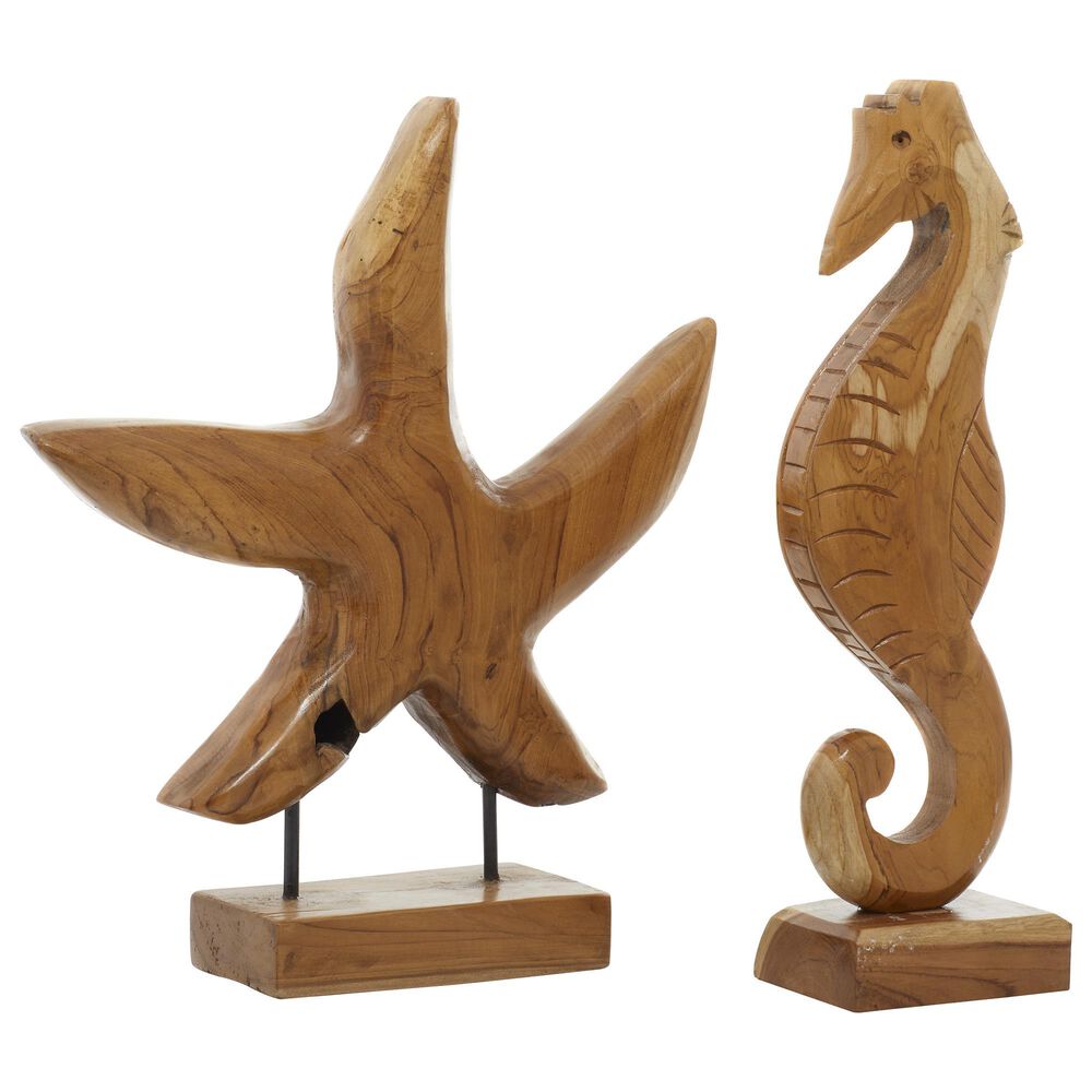 Maple and Jade Coastal Teak Wood Sculptures in Brown (Set of 2), , large