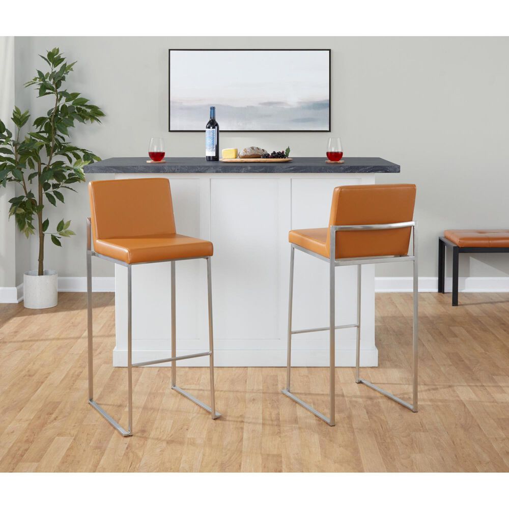 LumiSource Fuji Stackable Barstool with Camel Faux Leather in Stainless Steel (Set of 2), , large
