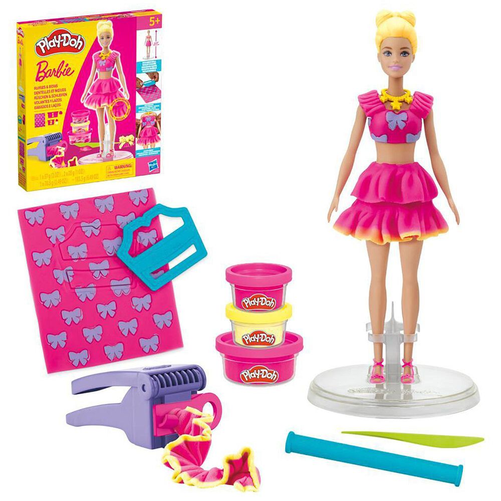 PlayDoh Barbie Ruffles and Bows Doll Set with Three Modeling Doughs in Yellow and Pink, , large