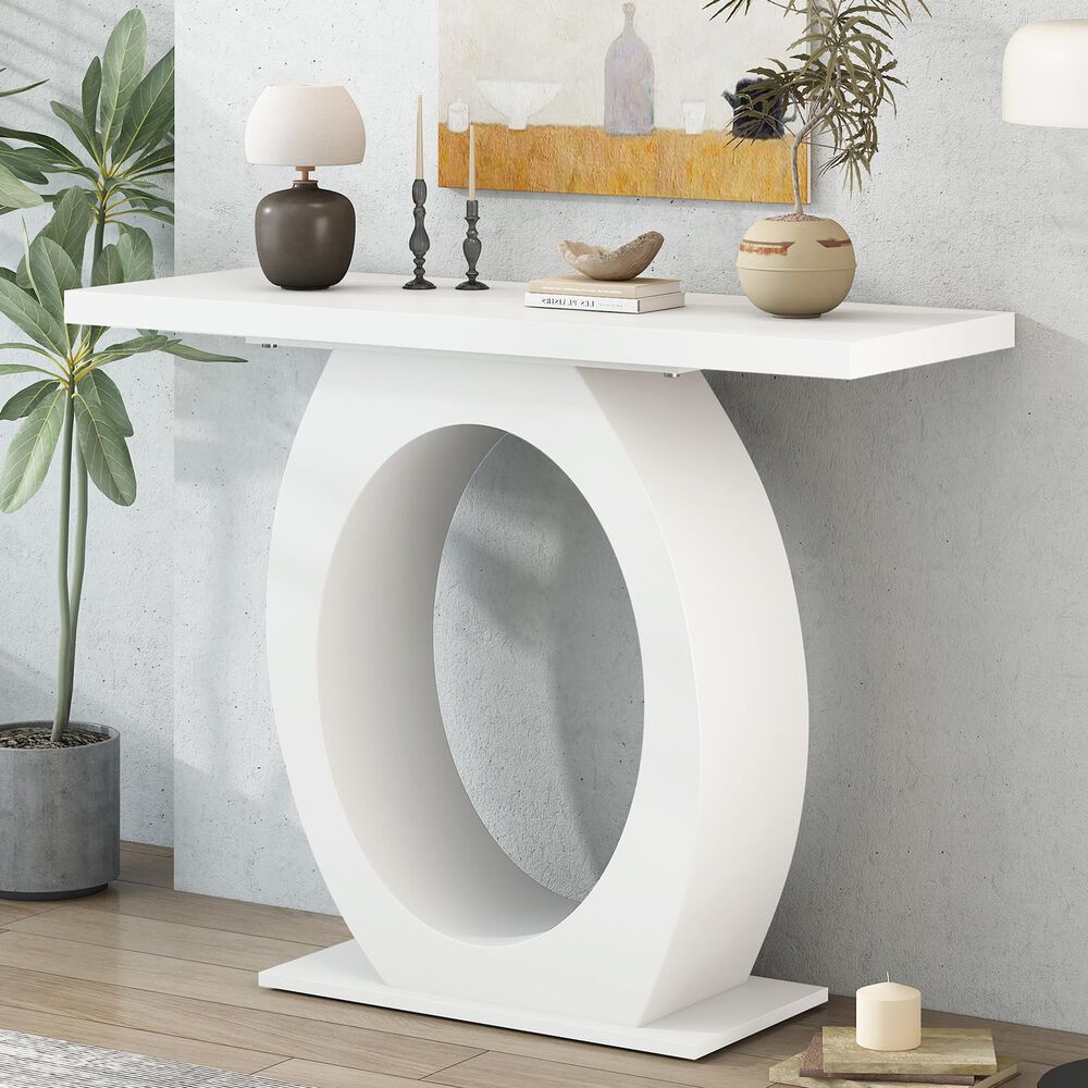 Hearth and Haven Mirod Console Table with Egg-Shaped Base in Beige, , large