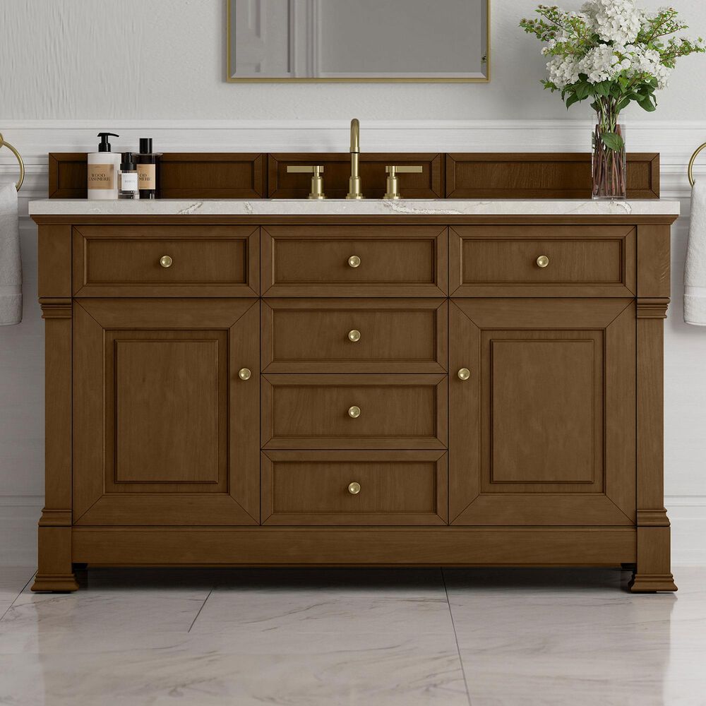 James Martin Vanities Brookfield 60" Single Bathroom Vanity in Honey Oak with 3 cm Victorian Silver Quartz Top, Rectangle Sink and FreePower Wireless Charger, , large