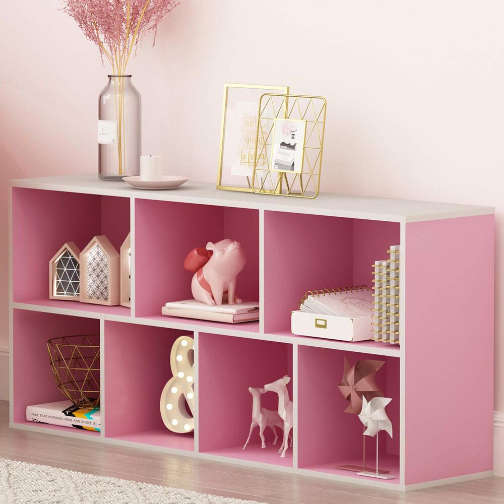 HOMLUX 7-Cube Reversible Open Shelf Storage Bookshelf in White and Pink, , large