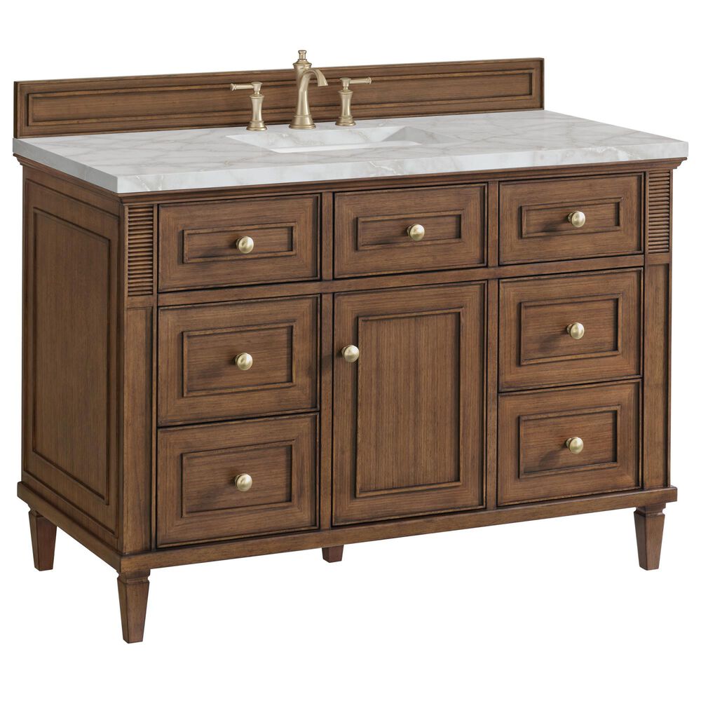 James Martin Vanities Lorelai 48" Single Bathroom Vanity in Mid-Century Walnut with 3 cm Eternal Jasmine Pearl Silestone Top, Rectangular Sink and FreePower Wireless Charger, , large
