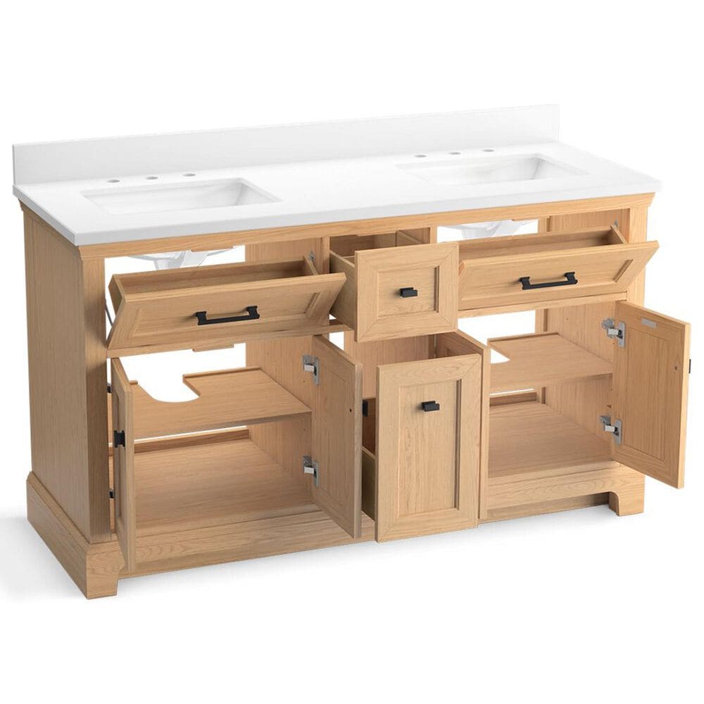 Kohler Charlemont 60&quot; Double Bathroom Vanity in Light Oak with 3 cm White Quartz Top and Rectangular Sinks, , large