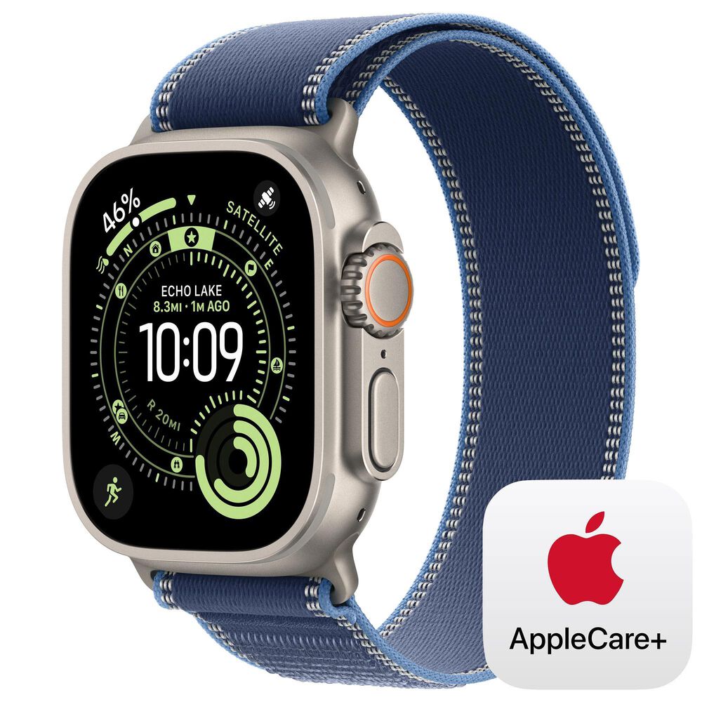 Apple Watch Ultra 3 (GPS+Cellular) 49mm Titanium Case with Blue/Bright Blue Trail Loop - S/M in Natural and 2-Year AppleCare+, , large
