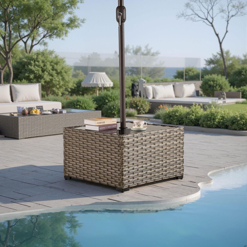 HOMLUX Outdoor Wicker Square Coffee Table with Umbrella Hole in Brown, , large