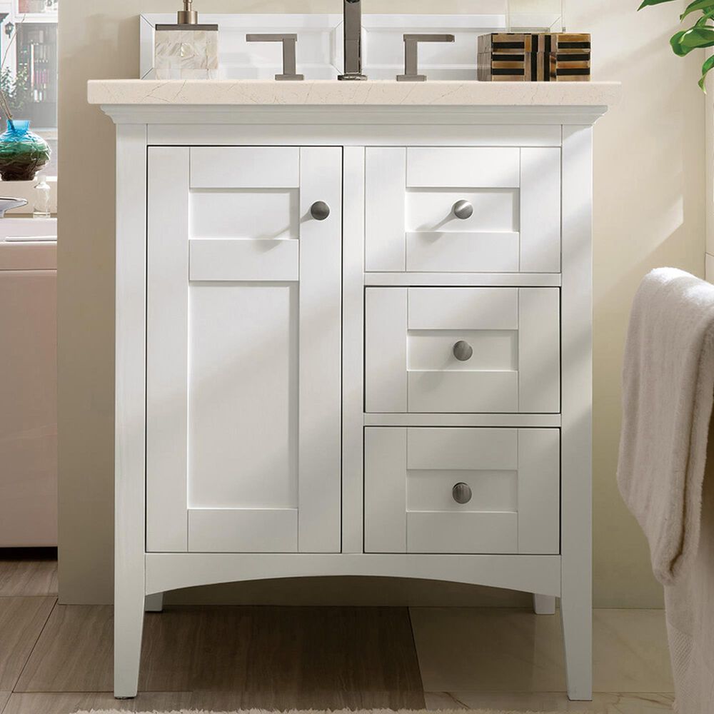 James Martin Vanities Palisades 30&quot; Single Bathroom Vanity in Bright White with 3 cm Eternal Marfil Quartz Top and Rectangular Sink, , large