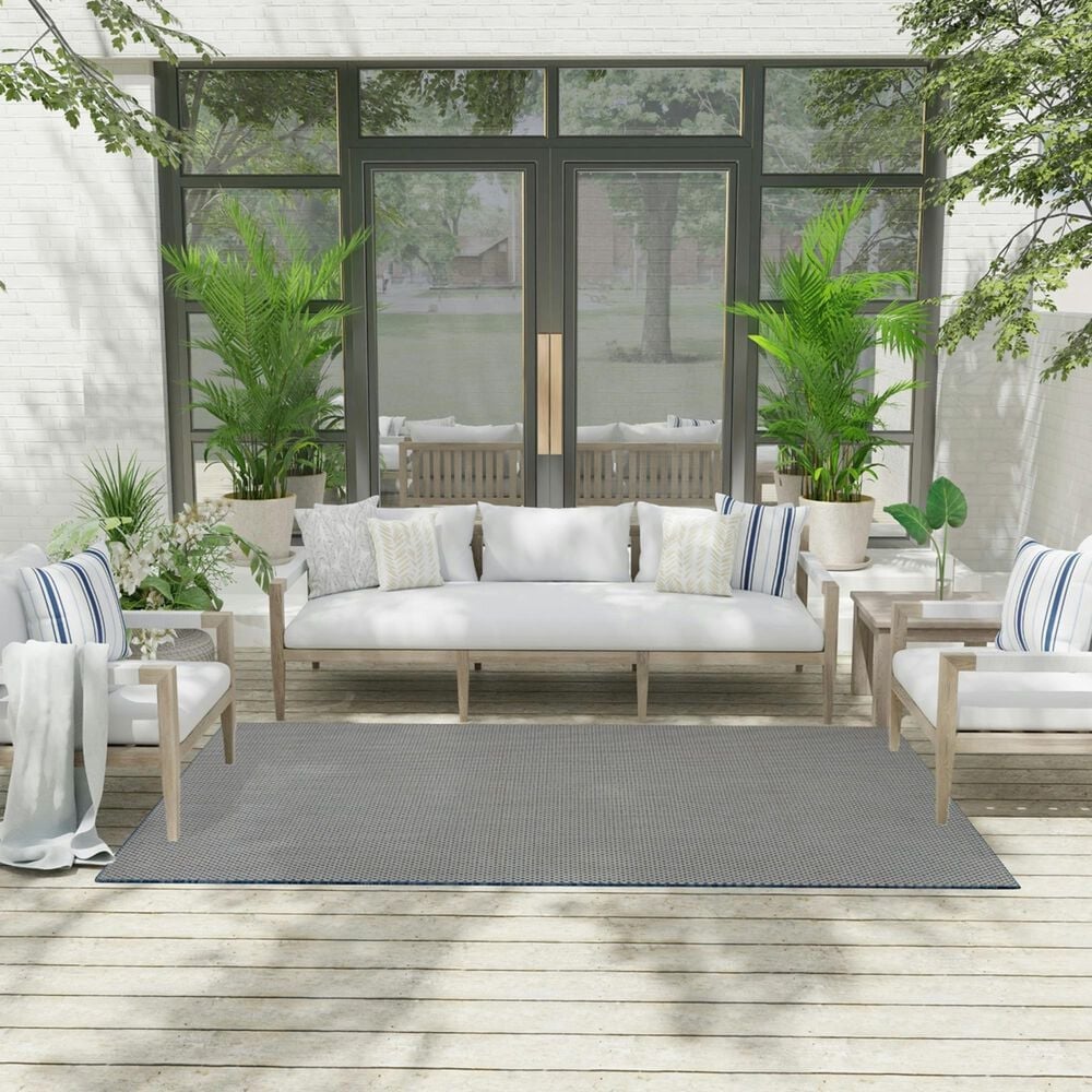Nourison Courtyard Ivory and Blue 5&#39; x 7&#39; Indoor/Outdoor Area Rug, , large