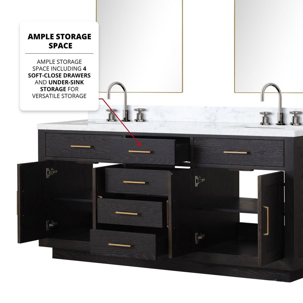 Lexora Home Abbey 72&quot; Double Bathroom Vanity in Black Oak with 2 cm White Carrara Marble Top and Rectangular Sinks, , large
