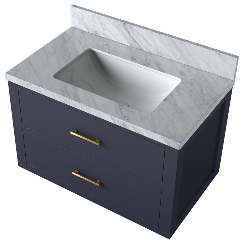 Lexora Home Castor 30&quot; Single Bathroom Vanity in Blue with 2 cm White Carrara Marble Top and Rectangular Sink, , large