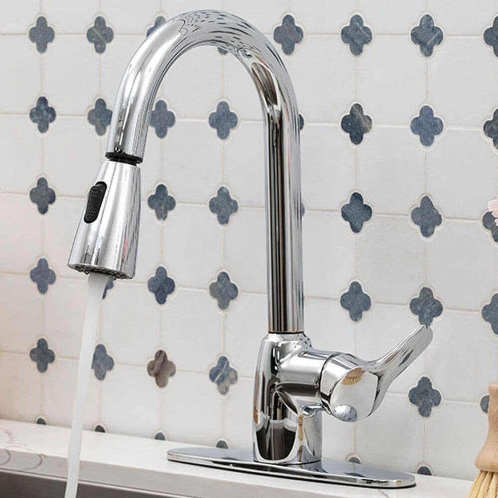 MS International Pull-Out Sprayer Kitchen Faucet with Deckplate in Polished Chrome, , large