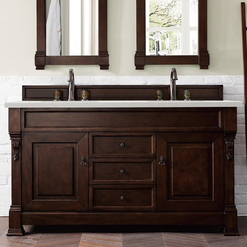 James Martin Vanities Brookfield 60&quot; Double Bathroom Vanity in Burnished Mahogany with 3 cm Lime Delight Quartz Top and Rectangular Sinks, , large