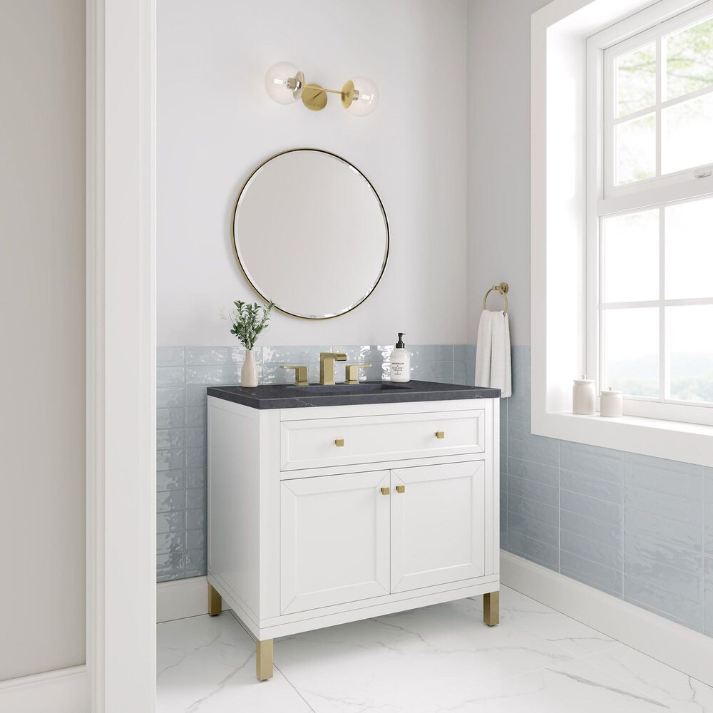 James Martin Vanities Chicago 36&quot; Single Bathroom Vanity in Glossy White with 3 cm Charcoal Soapstone Quartz Top and Rectangular Sink, , large
