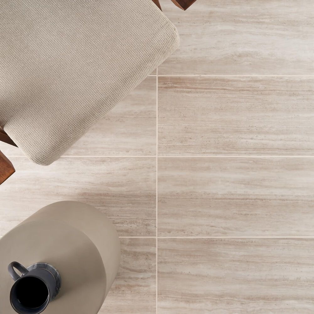 Soho Studio Zenit Taupe Beige 12" x 24" Travertine Look Polished Porcelain Tile, , large