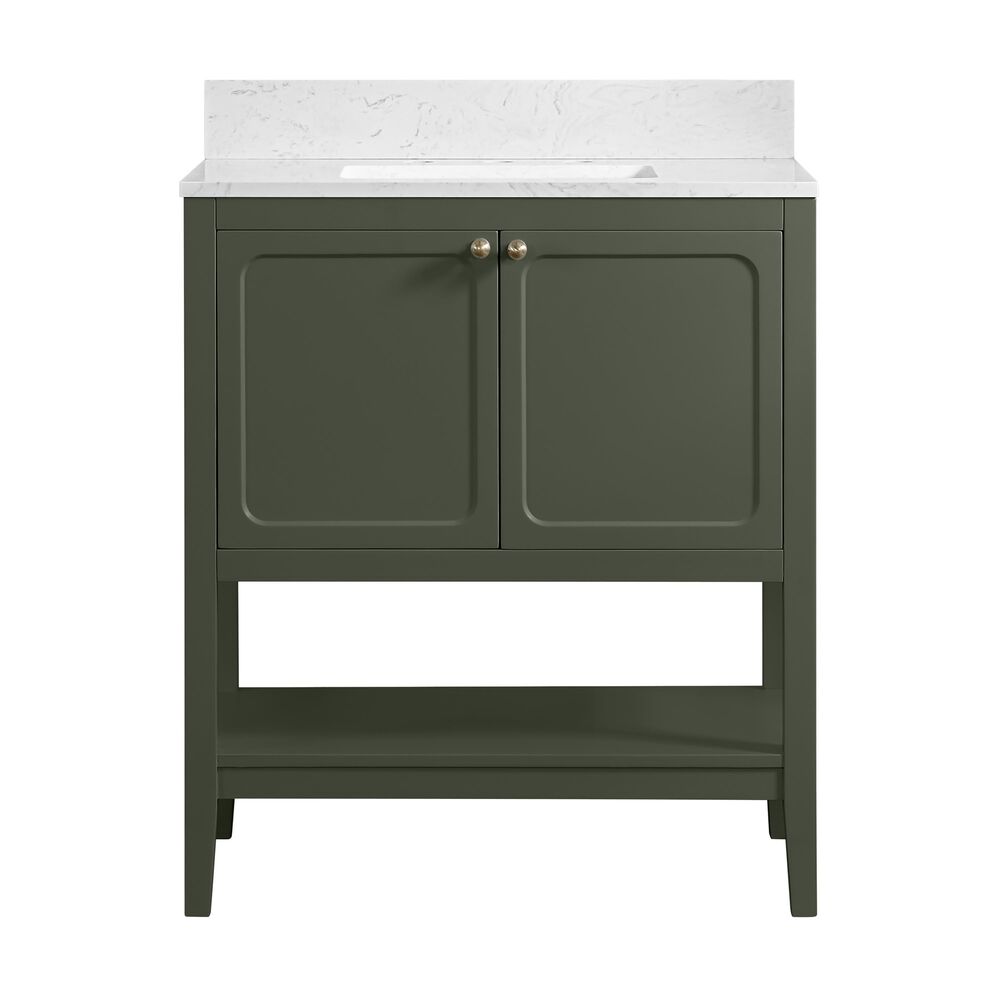 37B Ravello 30" Single Bathroom Vanity Cabinet in Deep Olive Green with Marble Top and Backsplash, , large