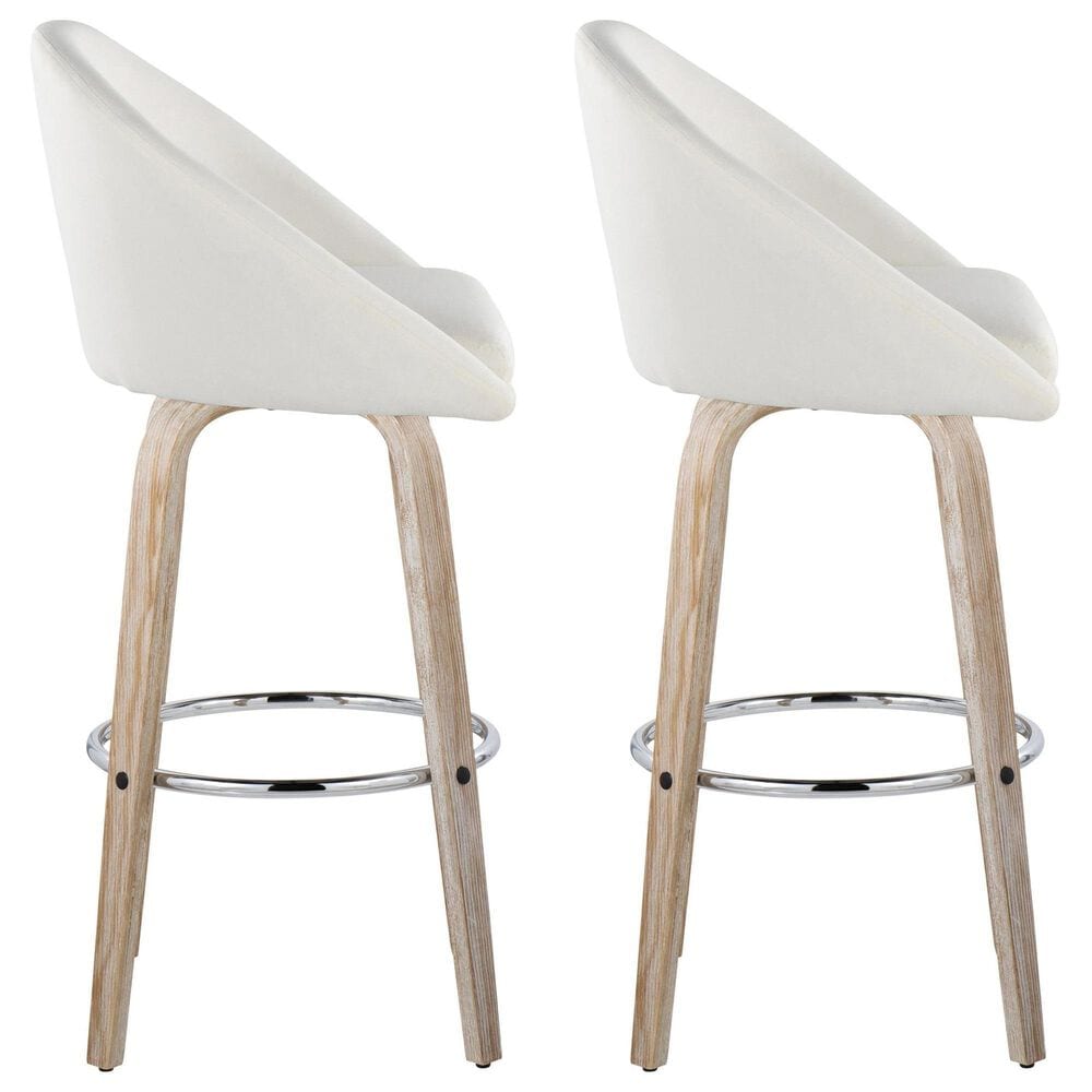 LumiSource Matisse 30" Swivel Barstool with Cream Fabric Upholstery in Whitewashed and Chrome (Set of 2), , large