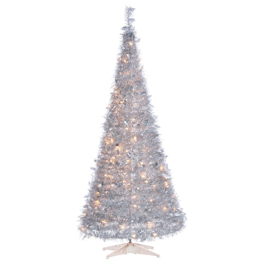 The Gerson Company 6" Pop-Up LED Silver Tinsel Tree with Holly Leaves in Silver, , large