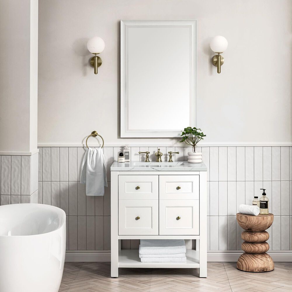 James Martin Vanities Breckenridge 30&quot; Single Bathroom Vanity in Bright White with 3 cm Ethereal Noctis Quartz Top and Rectangular Sink, , large