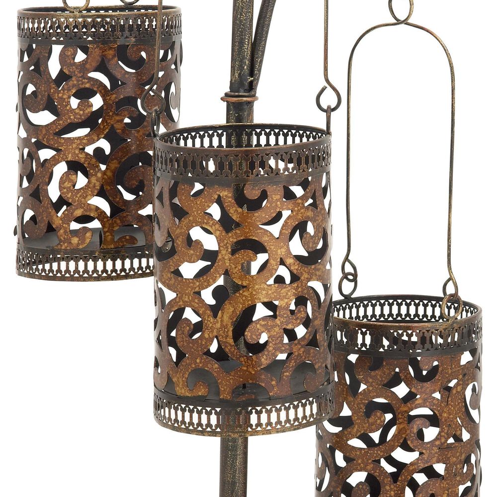 Maple and Jade Perforated Moroccan Standing Floor Scroll Candle Lantern with 3 Suspended Holders in Brass, , large