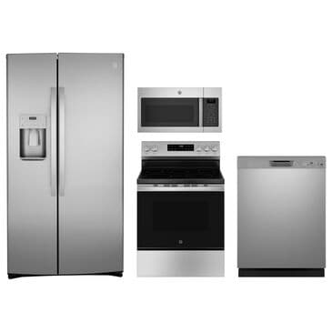 G.E. 4-Piece Kitchen Package with 25.1 Cu. Ft. Side-by-Side Refrigerator and 30" Freestanding Electric Range in Stainless Steel, , large