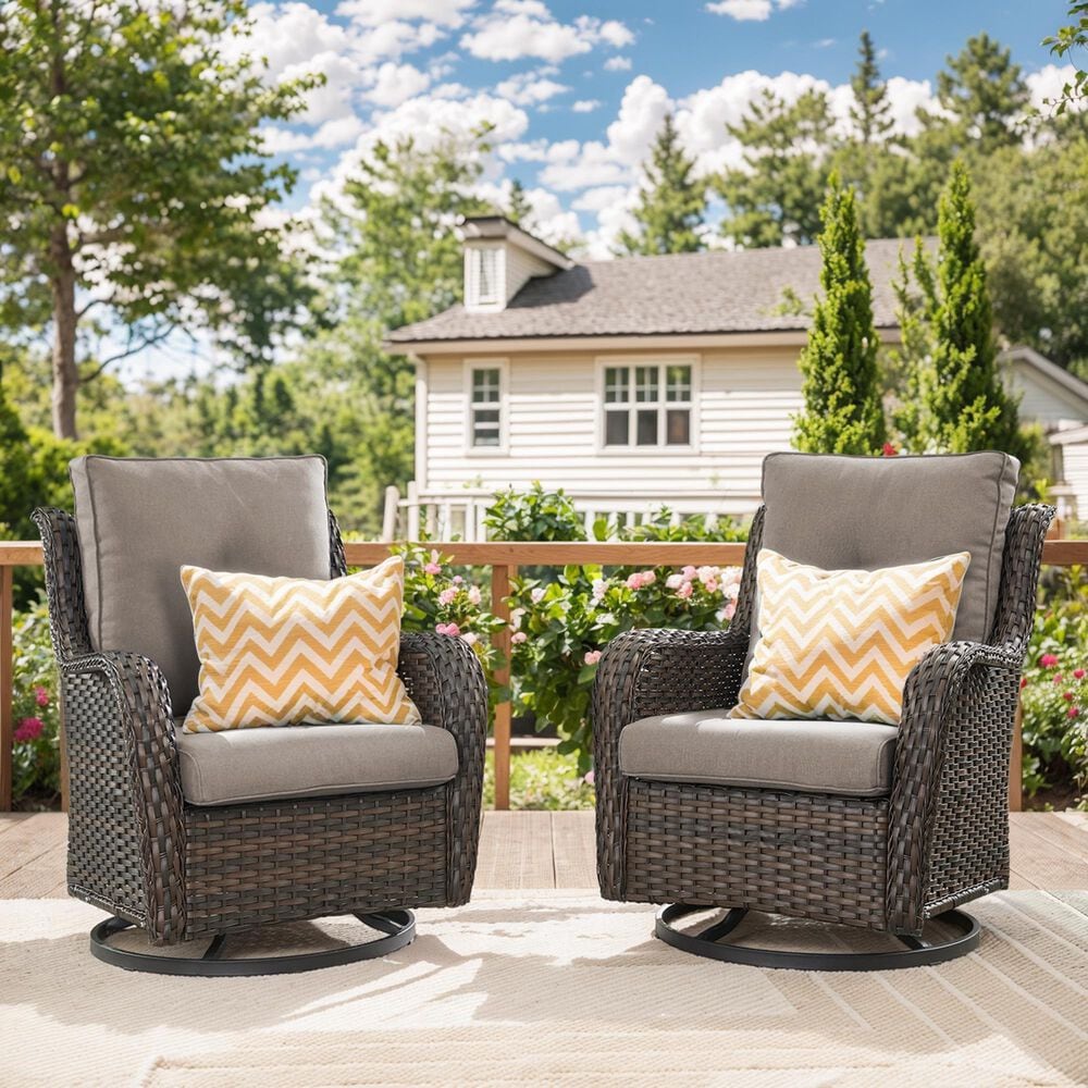 Sunwell Garden Patio Swivel Rocker Chair with Brown Rattan in Gray (Set of 2), , large