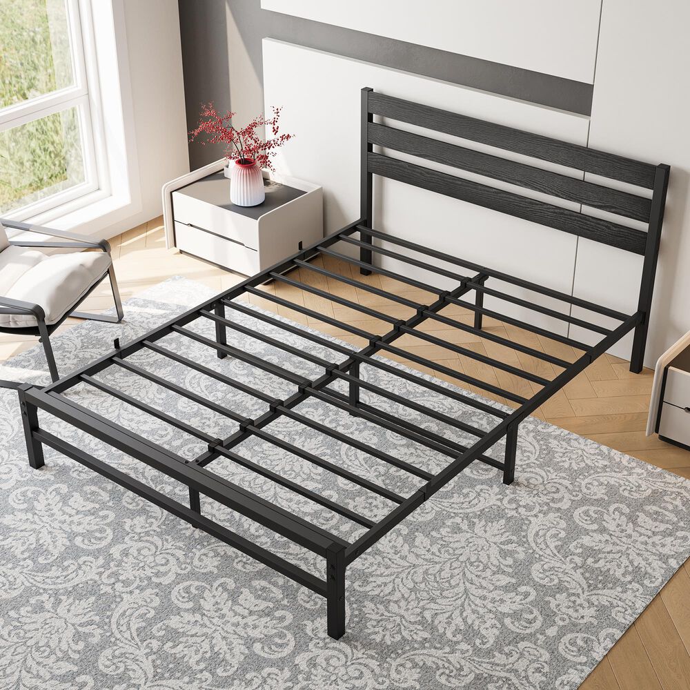 Hearth and Haven Queen Platform Bed Frame with Wood Headboard in Black, , large