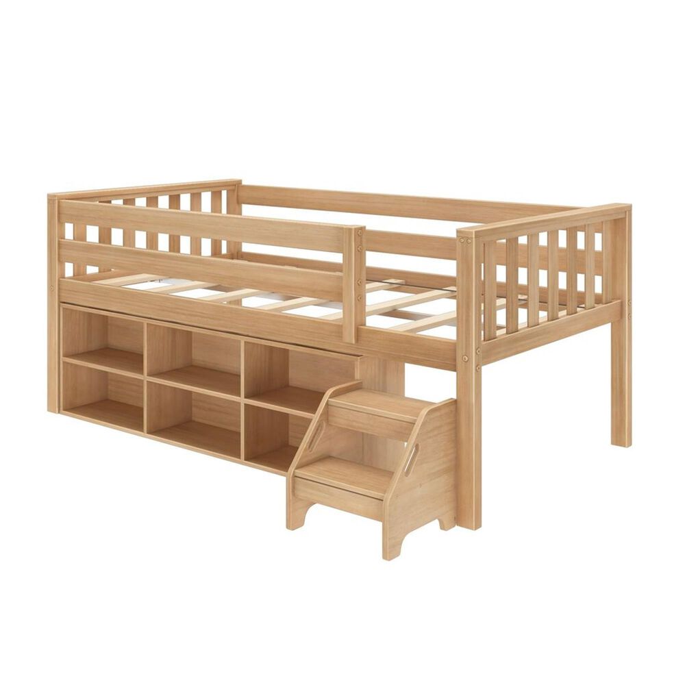 Birch Hollow Scandinavian Twin Low Loft Bed with Bookcase and Stepstool in Blonde, , large