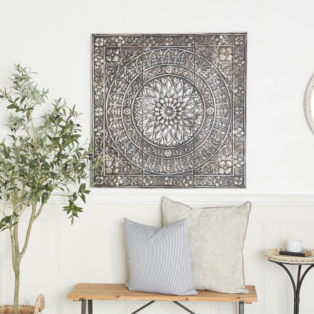 Maple and Jade 36&quot; x 36&quot; Square Floral Embossed Scroll Home Wall Decor in Satin Silver, , large