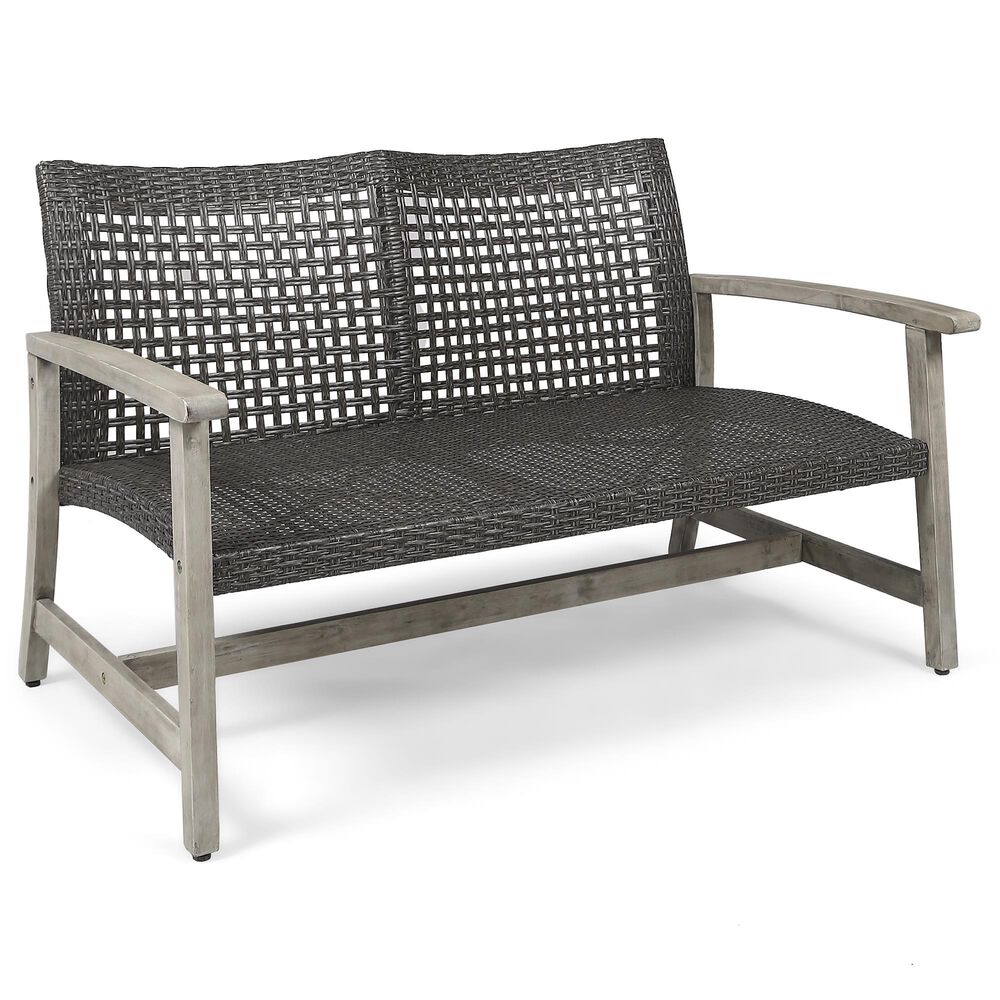 Hearth and Haven Hampton Outdoor Wicker Loveseat with Wooden Frame in Grey, , large