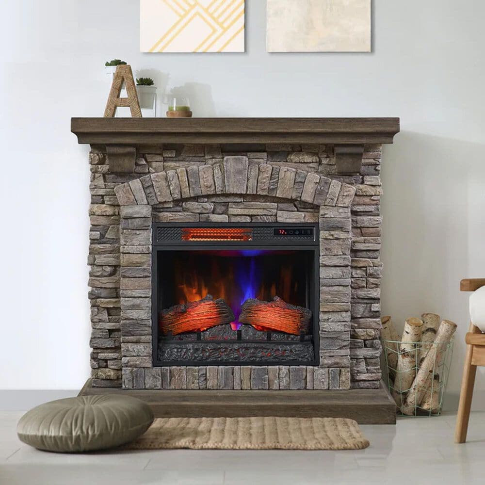 Fabio Flames Montana Mantel Fireplace in Smoky Grey Stone, , large