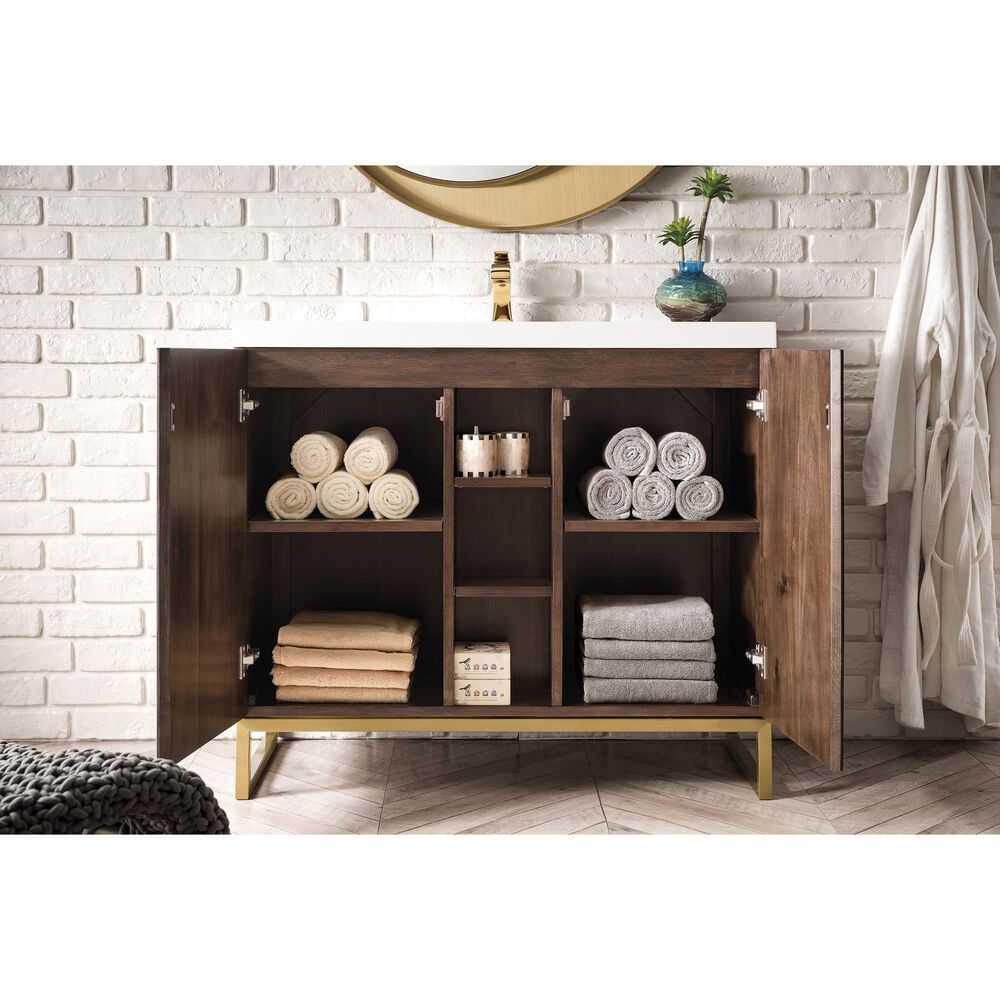 James Martin Vanities Alicante 39.5&quot; Single Bathroom Vanity in Mid Century Acacia and Radiant Gold with 5 cm White Glossy Resin Top and Rectangular Sink, , large