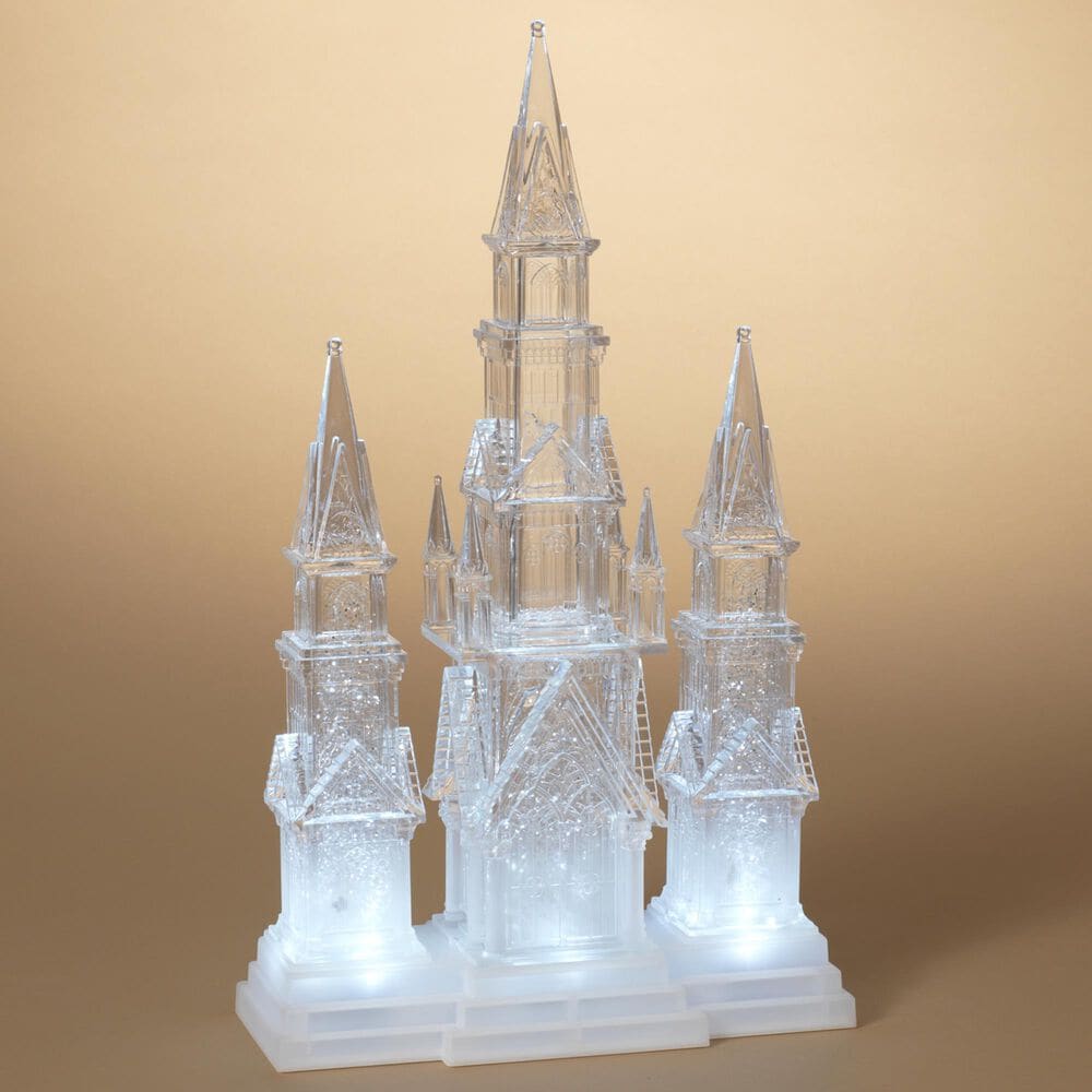 The Gerson Company 17.25" Lighted Spinning Water Globe 3-Tower Church in White, , large