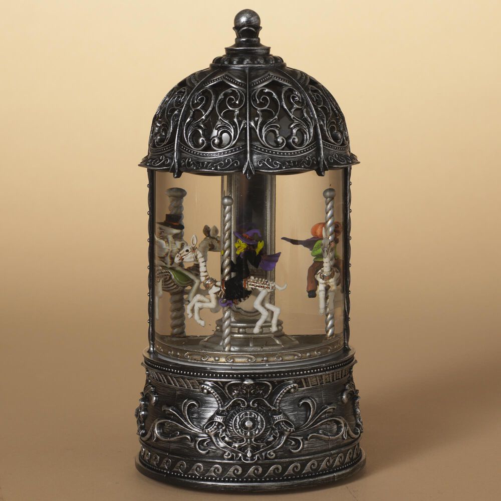 The Gerson Company Lighted Spinning Water Globe Lantern with Rotating Halloween Figurines in Gray, , large