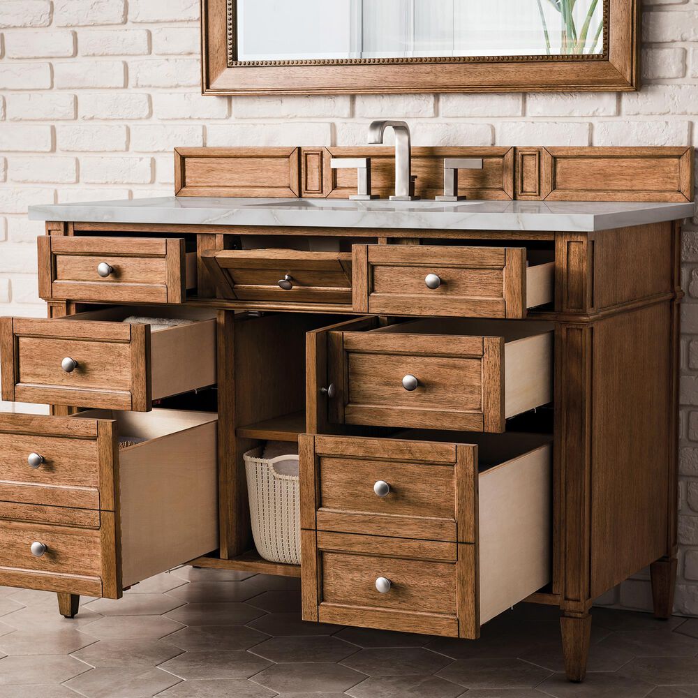 James Martin Vanities Brittany 48&quot; Single Bathroom Vanity in Saddle Brown with 3 cm Victorian Silver Quartz Top and Rectangular Sink, , large