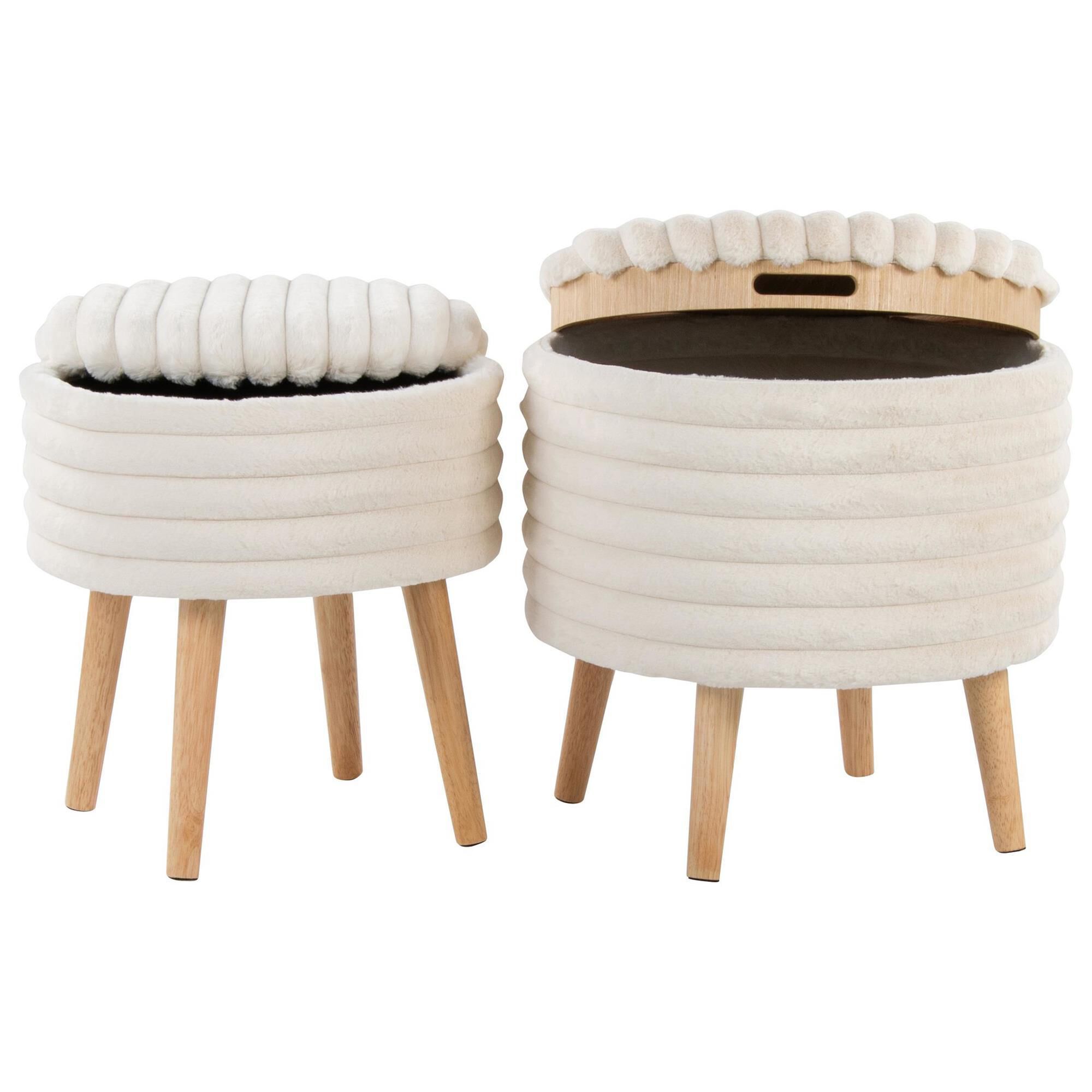Lumisource Tray Plush 2-Piece Storage Ottoman Set in Cream