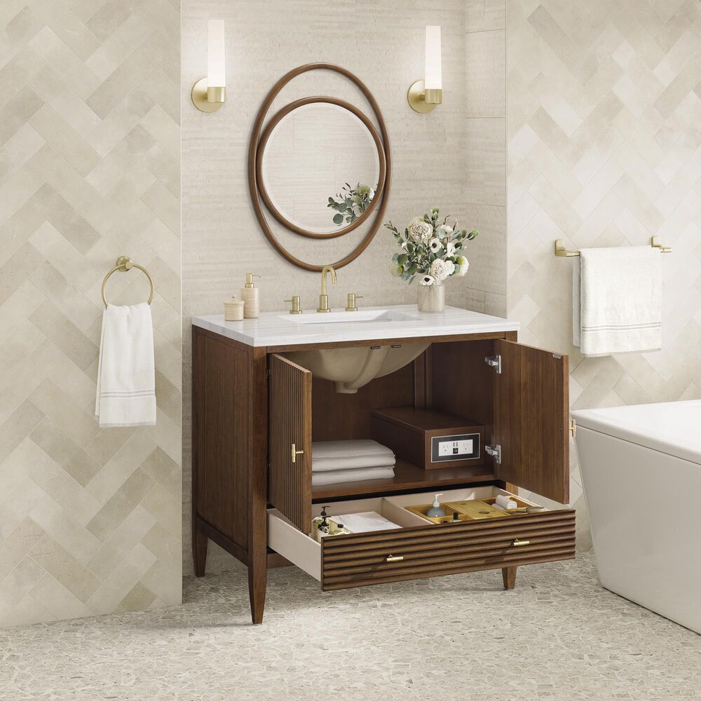 James Martin Vanities Myrrin 36&quot; Vanity in Mid-Century Walnut with 3 cm Arctic Fall Solid Surface Top, , large