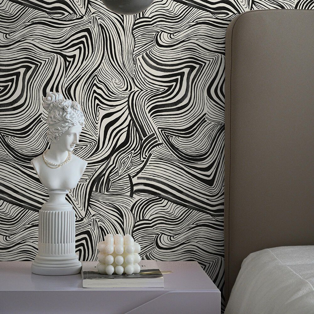 Tempaper Zebra Marble 198&quot; x 20.5&quot; Peel and Stick Wallpaper in Waverly White and Black, , large