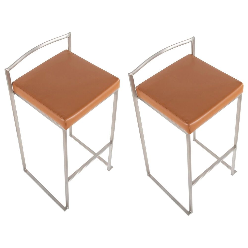 Lumisource Fuji Stackable Barstool with Camel Faux Leather in Stainless Steel &#40;Set of 2&#41;, , large