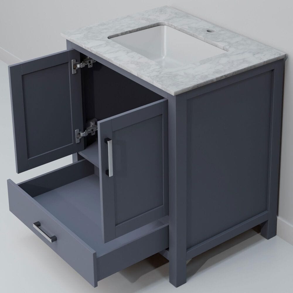 Lexora Home Jacques 30" Single Bathroom Vanity in Dark Grey with 2 cm White Carrara Marble Top and Rectangular Sink, , large
