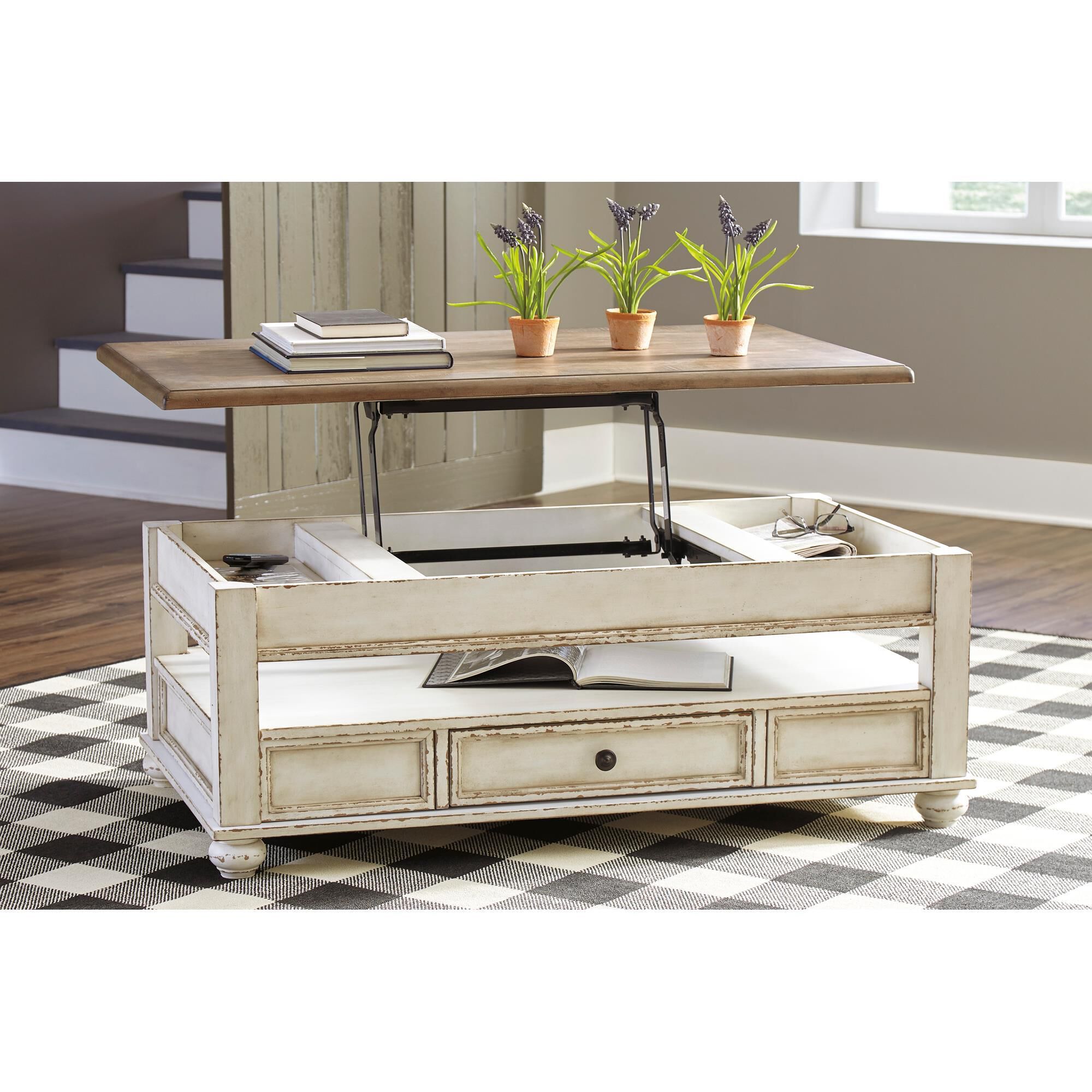 Ashley Realyn Lift Top Cocktail Table in White and Brown