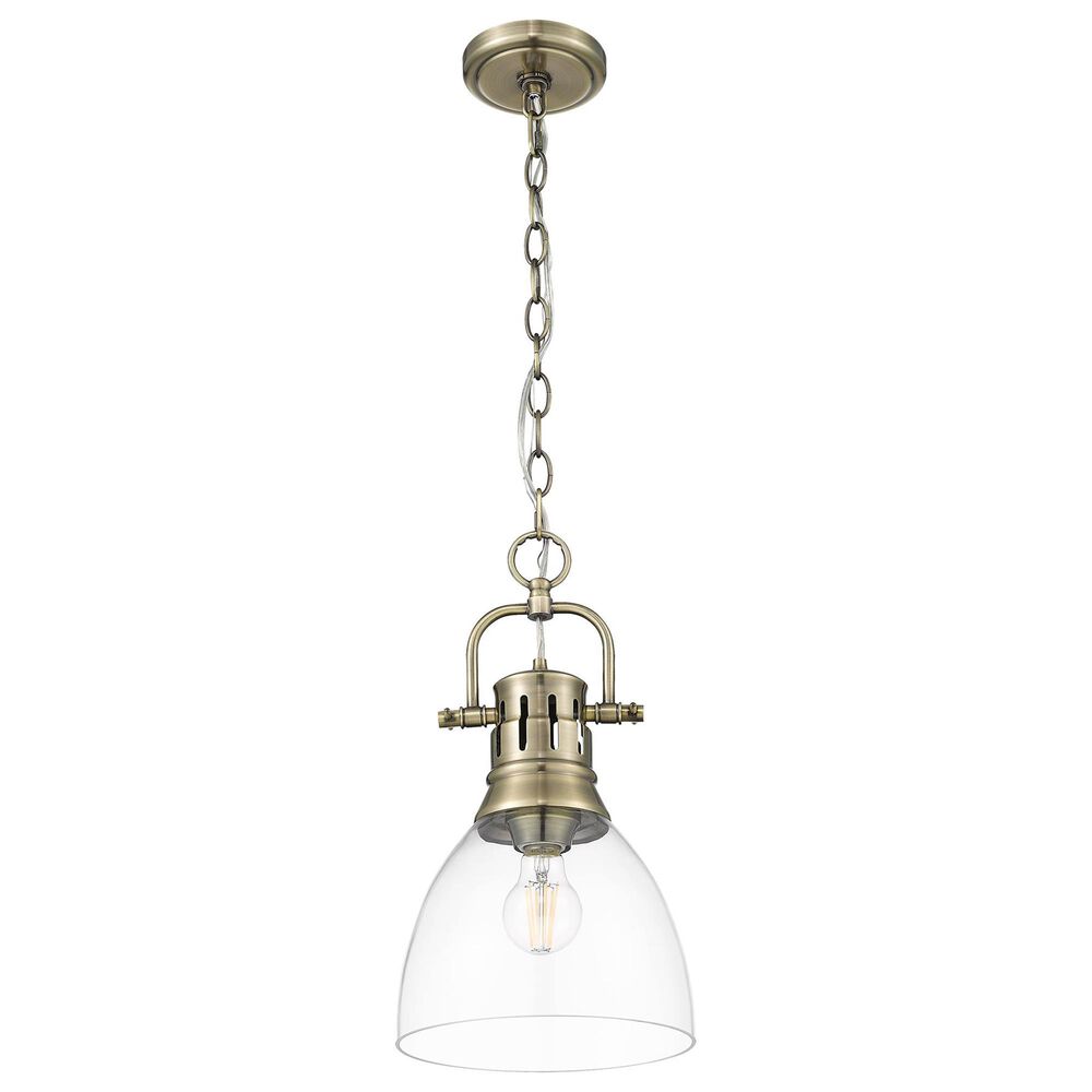 Golden Lighting Duncan 1-Light Small Pendant with Chain and Clear Shade in Aged Brass, , large