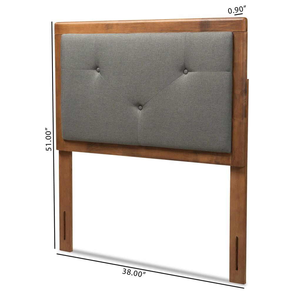 Baxton Studio Abner Twin Panel Headboard with Dark Grey Fabric in Walnut Brown, , large