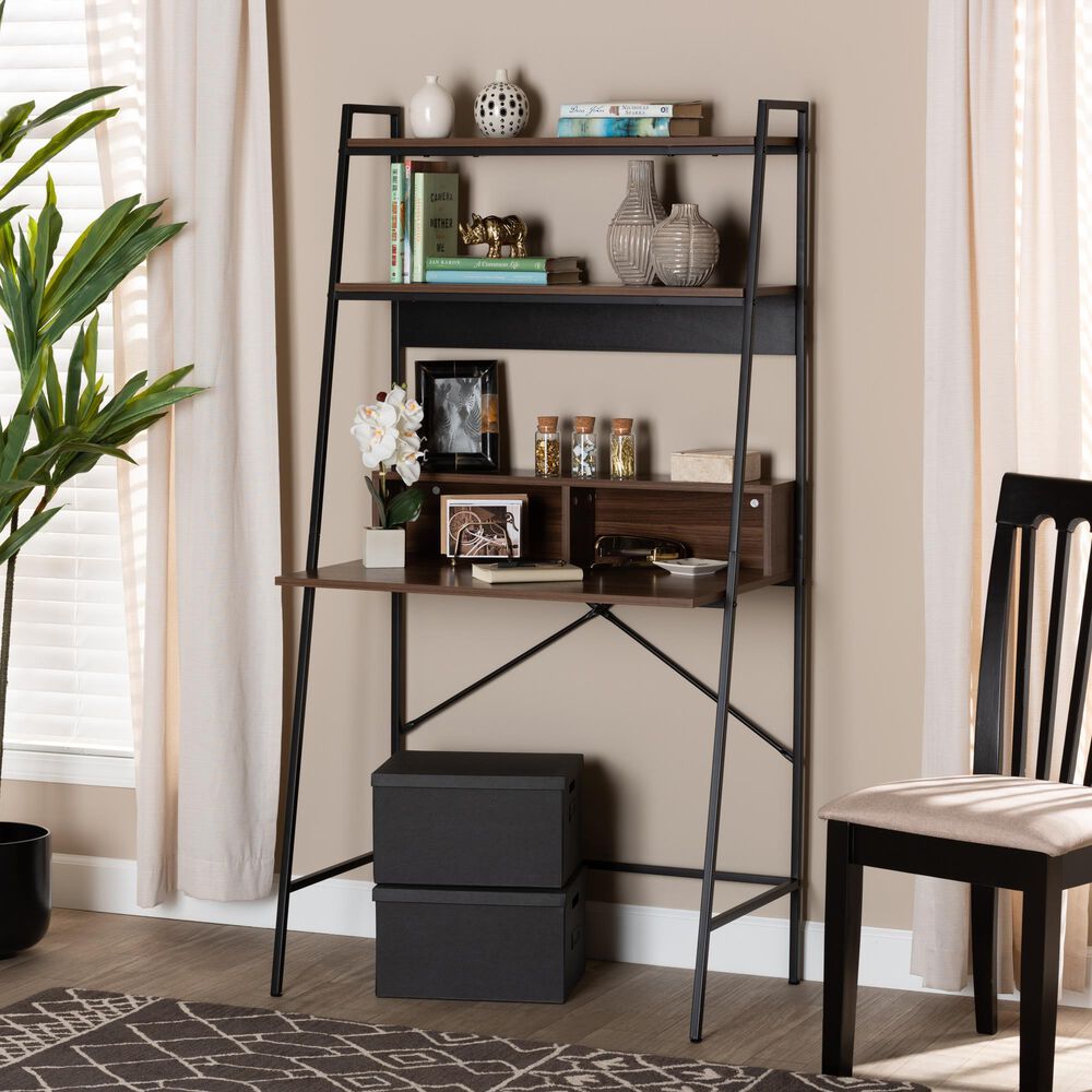 Baxton Studio Palmira Desk with Shelves in Walnut Brown and Black, , large