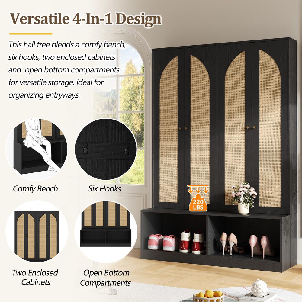 HOMLUX 6-Hook Hall Tree with 2-Rattan Doors in Black, , large