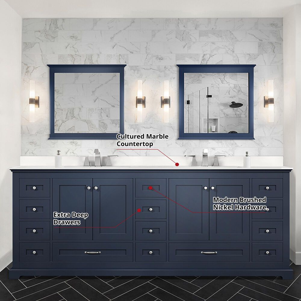 Lexora Home Dukes 84&quot; Double Bathroom Vanity in Navy Blue with 2 cm White Cultured Marble Top and Rectangular Sinks, , large